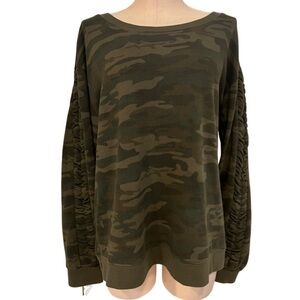 Sanctuary Camouflage Green Sweatshirt with Ruched Top of the Sleeves